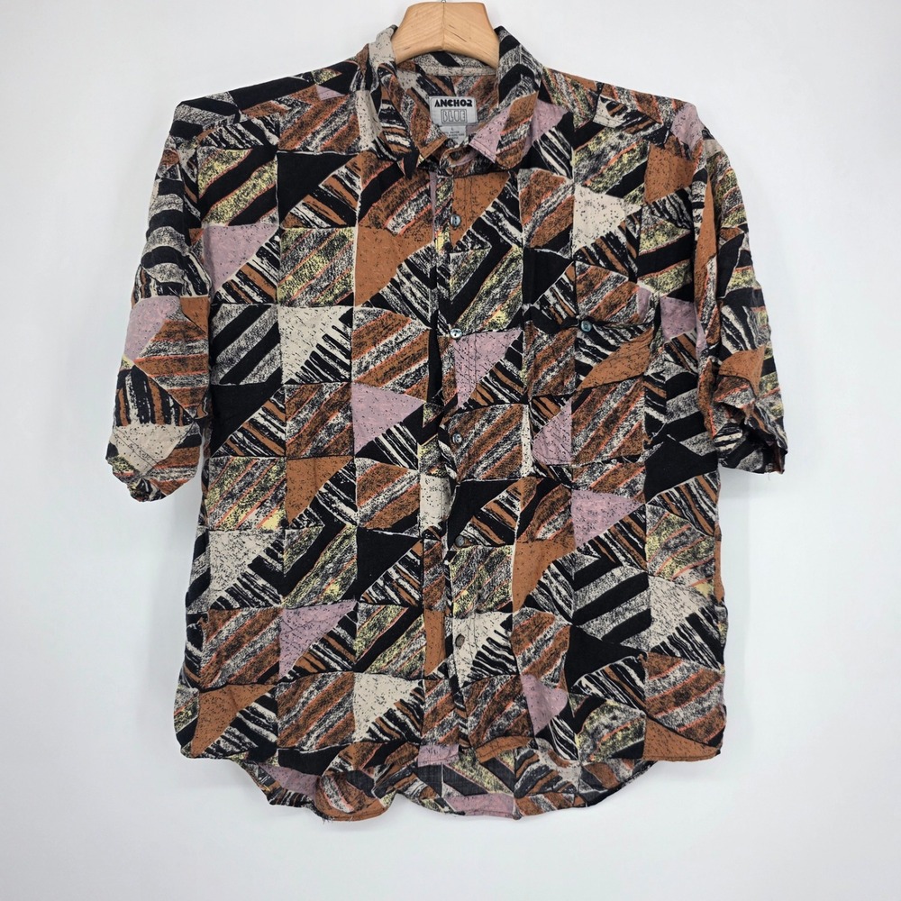 Vintage Anchor Blue Mens Large Rayon Geometric Abstract Print Button Down Shirt